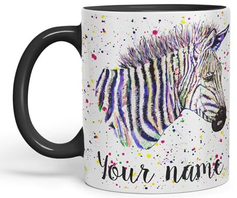 Vixar Personalised with Your Text Zebra Wildlife Animals Art Coloured Ceramic Mug Cup Gift 330ml 11oz Custom Work Office Tea Coffee (Black)