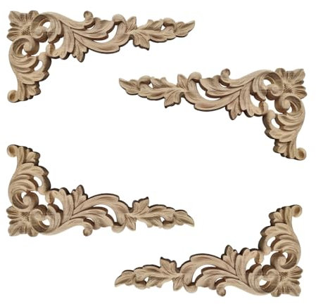 Vasemele 4 Stück Holz Geschnitzt Corner Holzornamente für Möbel Schrank Wand Ecke deko Ornamente für Möbel Holz Geschnitzte Möbel Appliques Holzschnitzerei Applique Ornamente Holz Ecke, LE0334