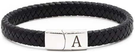 HAYOUWAY Mens Leather Bracelet with Initial Letter, Valentines Gifts for Him Her Men Boyfriend Braided Black Leather Bracelet with Engraved Stainless Steel Magnetic Clasp Bracelets for Women