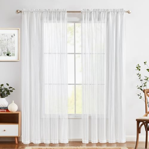 TOPICK 2er Set H 245 x B 140 (cm) Weiße Durchsichtige VorhäNge Blattspitze WohnzimmervorhäNge Voile Bauernhaus VorhäNge für Schlafzimmer Klassisches Vintage-Gewebe Lichtfilterstabtasche