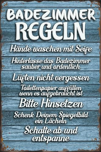 30 x 20 cm Blechschild - Badezimmer Regeln - lustiger Spruch, Deko Schild, Lebensweisheit, Bad Regeln