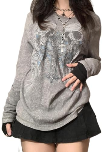 Grunge Gothic Clothes for Women Graphic Tees Y2k Fairy Long Sleeve Tops 2000s Baggy T-Shirts Emo Aesthetic Clothes, Grey-1, XL
