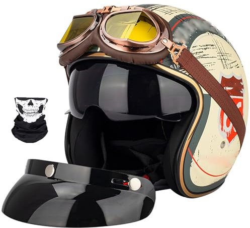 Open Face Motorradhelm 3/4 Retro Classic Mopedhelm ECE-zugelassene Half Face Vintage Motorradhelme mit Visier für Scooter Moped Cruiser Motorrad