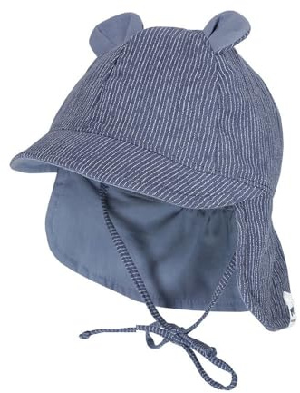 maximo GOTS Baby-Schildmütze, Öhrchen Musselinstoff, Nackenschutz, Bindeband 47 altindigo-weiß-Streifen