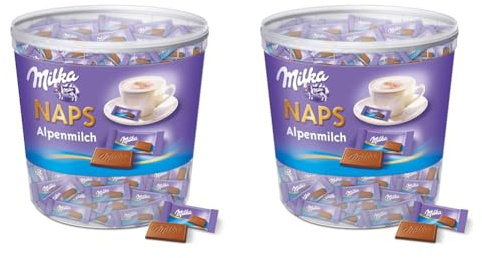 Milka Naps Alpenmilch 1 x 1kg, Zartschmelzende Mini-Schokoladentäfelchen aus feiner Alpenmilchschokolade, Dose (Packung mit 2)
