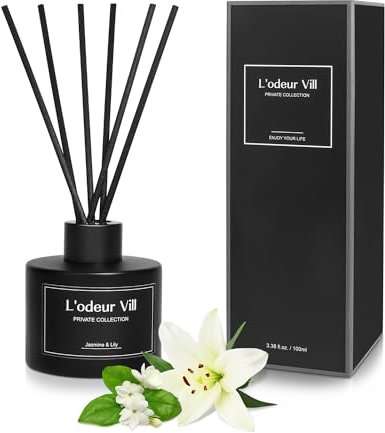 L'odeur Vill Diffusore Profumo Ambiente - 3.4oz (100ml) profumo di Gelsomino giglio con 8 bastoni d'olio, diffusore di aroma nero opaco, profumo domestico di lunga durata per il bagno.