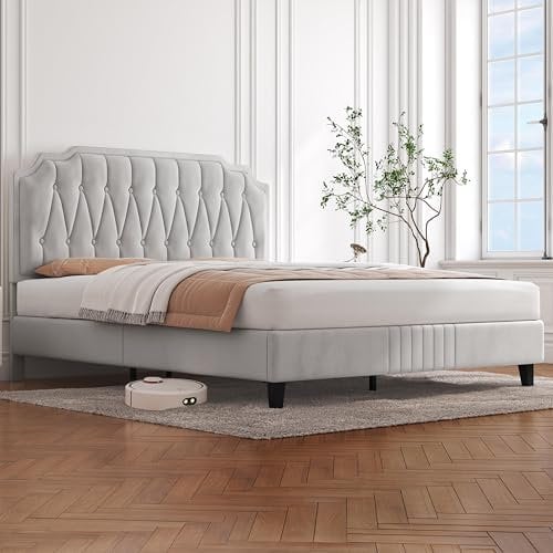 Yaheetech Letto con Testiera Imbottita 31 cm Altezza Regolabile 140 x 200 cm Telaio con Rete a Doghe in Legno e Metallo Beige