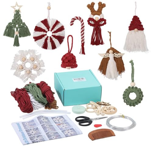 ORIGACH 9 Set DIY Macrame Christmas Ornaments Kits for Adults Beginners Handmade Macrame Elk Gnome Angel Snowflakes Candy Cane Hanging for Christmas Tree Boho Hand Woven Holiday Home Decorations