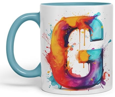 Vixar Letter G Mug, Alphabet Letter G Monogram Watercolour Ceramic Coloured Mug Cup for Tea Coffee Hot Brew 330ml 11Oz Gift (Turquoise)