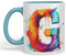 Vixar Letter G Mug, Alphabet Letter G Monogram Watercolour Ceramic Coloured Mug Cup for Tea Coffee Hot Brew 330ml 11Oz Gift (Turquoise)