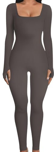 OYIGELZ Yoga Jumpsuit Damen Einteiligem Gerippte Strick Langarm Sport Workout jumpsuits Hosenanzug Trainingsanzug Eckigem Ausschnitt Figurbetontem Kuscheliger Overall(Grau-J,L)