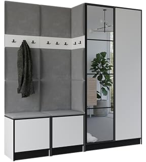 KIER FURNITURE Flurgarderobe Modern - Garderobenschrank mit Sitzbank, Haken und Schuhschrank - Flur Möbel Geräumig und Stilvoll - BxHxT 211,2x205x39cm - Weiß & Grau