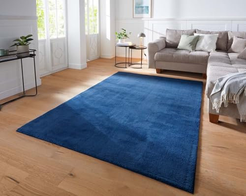 Taracarpet Supersoft kurzflor Teppich Fiona Wohnzimmer Schlafzimmer Kinderzimmer Flur Läufer waschbar rutschfest Uni dunkel blau 140x200 cm