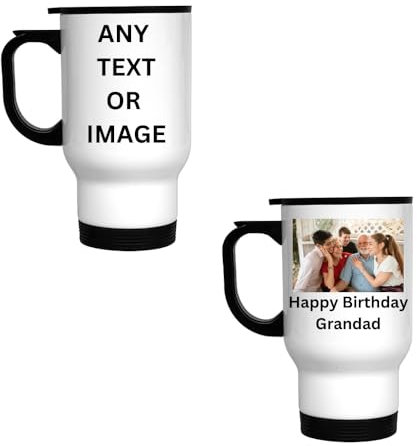 Merch Kingdom 14oz Personalised Travel Mug Photo Image Text Logo Cup Gift Birthday Mothers Fathers Day Mum Dad Family Retirement Work Colleague Boss