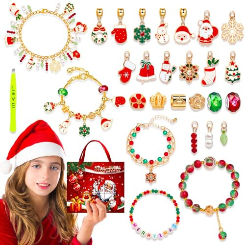 CGVG Charms Adventskalender 2025 Frauen Schmuck Weihnachtskalender Armband Kit Basteln DIY für Damen Mädchen Teenager (Rot-2)