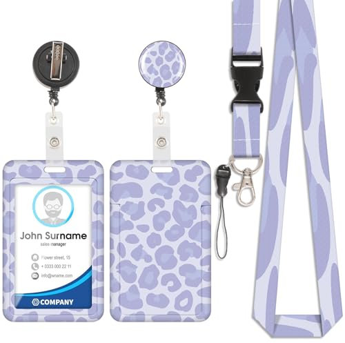 Porte-cartes imprimé léopard violet, badge d'identification, cordon détachable avec clip rétractable pour porte-clés, cartes de visite, cartes de visite, cartes d'identité
