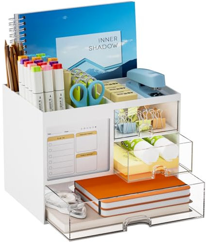 Marbrasse Organizer Scrivania con 3 Cassetti,4 Scomparti Portapenne per Ufficio, Casa e Scuola, Grande Capacità(Bianco)