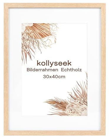 kollyseek Bilderrahmen 30x40cm Echtholz mit Passepartout Kiefer Holz Rahmen mit Acrylglas Fotorahmen holz zimmer deko Eichefarbe