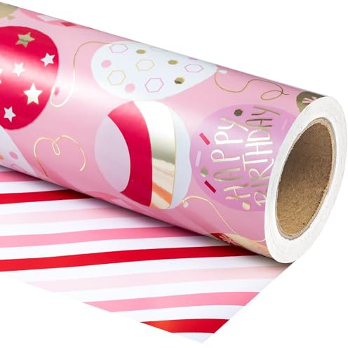 RUSPEPA Wendbares Geburtstagsgeschenkpapier – Minirolle – 43,2 cm x 10 m – Glänzendes, metallisch rosa Happy Birthday-Geschenkpapier für Mädchen für Geburtstage, Feiertage, Babypartys