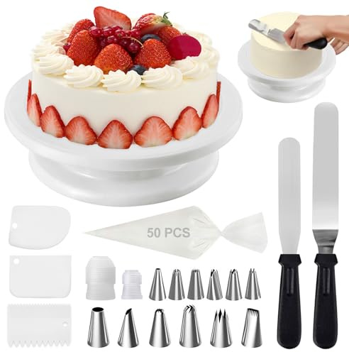 BAIFULAI Piatto girevole per torte, 28 x 7 cm, girevole a 360 gradi, 70 pezzi, set di accessori per torte con piatto girevole, raschietti per torte, sac à poche per torte, spatole per torte