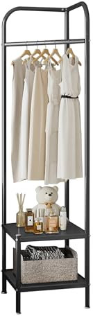 Porte Manteau d'Angle 2 Niveaux, Porte-Vêtements en Métal 42 x 42 x 190 cm, Meuble Entrée d'Angle Avec 2 Étagère de Rangement pour Recoin, Salon, Chambre, Couloir, Noir