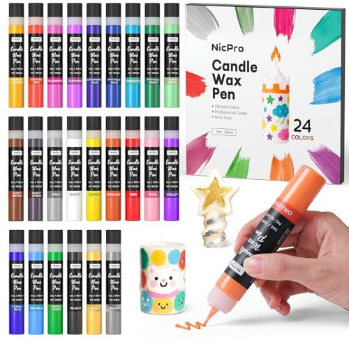 Nicpro Kerzenstifte 24 Farben X 30 ml, Wachsstifte für Kerzen, 3D Kerzenwachs Stift Inklusive Glitzer Silber Gold, Ungiftiges, Kerzenstifte zum Verzieren für Geburtstage, Ostern, Weihnachten Kerzen