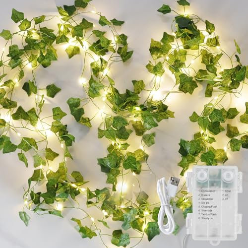 Qunlight Vines with Fairy Lights,23ft Ivy Twinkle Lights Battery Operated,73 LED Leaf String Lights for Bedroom,Room,Wall,Celling,Curtain,Party,Wedding,Christmas Decor (Warm White)