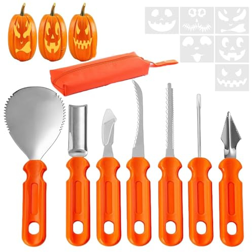 7 Stück Halloween Kürbis Schnitzset Mit 6Vorlagen 1Aufnahmebeutel,Edelstahl Schnitzwerkzeug Kürbis Kinder,Schnitzen Werkzeug Kürbisschnitz Set Pumpkin Carving Kit,DIY Schnitzmesser Dekoration Familie