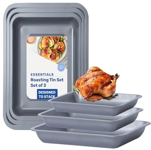 3 Piece Stackable Roasting Tin Tray Set - 35cm / 31cm / 28cm Space Saving Non-Stick Roaster Baking Trays (Set of 6 (2 x 35, 2 x 31 & 2 x 28cm))