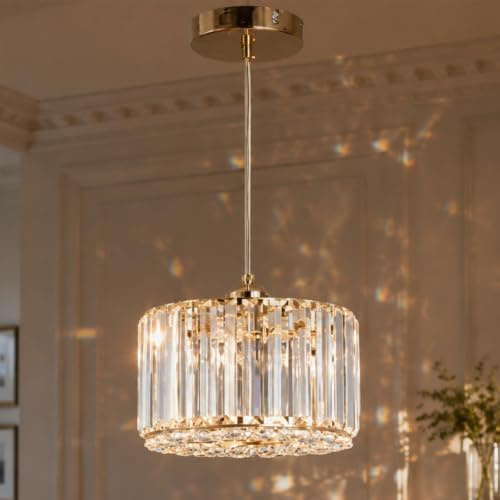 Gold Crystal Pendant Light Shade Chandelier Lighting Fixture Dining Room | 47 Height Adjustable, Modern, Semi Flush Mount, E27, for Kitchen Island Restaurant