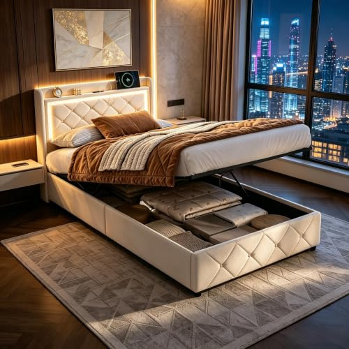 BIYFSDS Bett 90x200 cm mit Lattenrost, Stauraum, Kopfteil, LED, USB, Typ-C, für Erwachsene, Beige-1