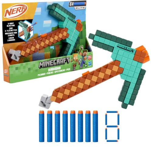 Nerf Minecraft Diamantspitzhacke Dart-Blaster, Ziehgriff, Schaumstoffkopf, 8 Nerf Elite Darts, ab 8 Jahren
