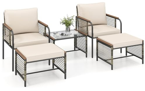 COSTWAY Ensemble de Mobilier de Jardin 5 Pièces, Salon de Jardin en Rotin PE avec Coussins 2 Ottomanes Table Basse en Verre Trempé, Meuble Extérieur pour Patio Cour Terrasse (Marron+Beige)