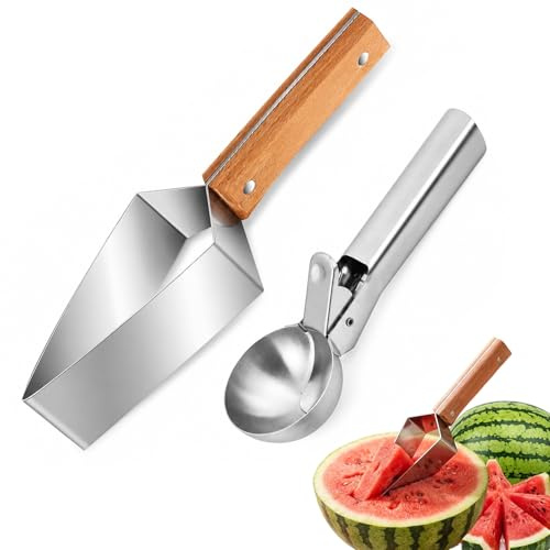 KADFEL Set da 2 Pezzi per Tagliare Anguria e Cocomero a Fette 1 Taglierina Triangolare in Acciaio Inox + 1 Cucchiaio a Palla per Melone – Utensili per Frutta da Cucina, Campeggio e Picnic