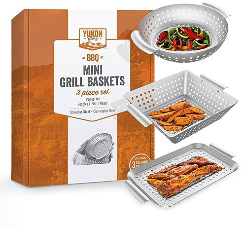 Yukon Glory Grillkorb 3-teiliges Mini-Grillkorb-Set - Edelstahl perforierte Grillkörbe zum Grillen von Gemüse, Meeresfrüchten und Fleisch inklusive Grillpfanne - quadratischer Korb und runder Korb