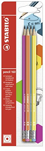 STABILO - Bleistift mit Radiergummi - pencil 160 in pink, blau, orange, gelb - 4er Pack - Härtegrad HB