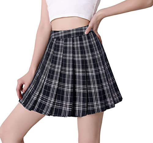 Hoerev Frauen Mädchen Kurze hohe Taille gefaltete Skater Tennis Schule Rock,Schwarze Streifen,36 / M