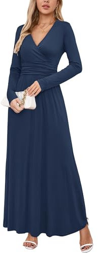 OUGES Women's Winter Spring Casual V Neck Long Sleeve Wrap Ladies Maxi Long Dress with Pockets(Navy,XXL)