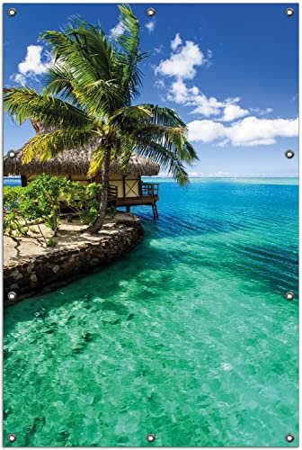 Wallario Outdoor-Poster für Garten oder Balkon Karibisches Meer Einsame Hütte unter Palmen, Motivbanner Größe: ca. 100 x 150 cm, Outdoor-Bild