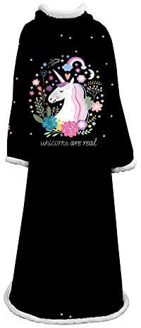 Morbuy Wearable Decke Mit Ärmeln Arme Einhorn, 3D Gedruckt Super Soft Warm Comfy Plüsch Ärmeln, TV Lazy Robe Decke Für Erwachsene Frauen Männer (127cm x 178cm,Schwarz)
