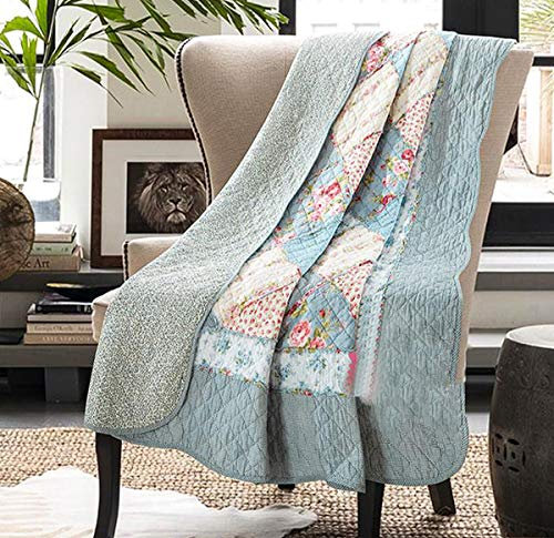 Cozyholy Original 100% Baumwolle Patchwork Quilt Full Queen Size Blau Floral Tagesdecke Decke Wendedecke Vintage Shabby Chic Gesteppte Überwurf Decke Bett Steppdecke Bezug für Couch Sofa