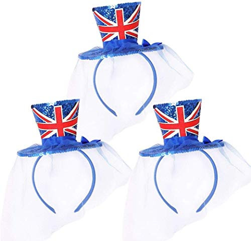 I LOVE FANCY DRESS Union Jack Hut – Rule Britannia Mini-Glitzer-Zylinderhut am Stirnband mit Union Jack Flagge und angenähtem Netz-Fascinator mit Schleier – VE Day Celebrations – 1 x Hut Blau