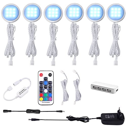 AIBOO RGB LED Schrankbeleuchtung 6er Set, 12V LED Unterbauleuchte Farbwechsel mit Fernbedienung, Dimmbar RGB Vitrinenbeleuchtung LED für die Beleuchtung von Küchenschränken
