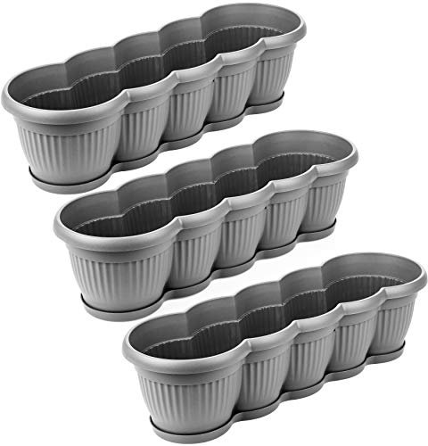 2friends Blumenkasten mit Untersetzern rund, Balkonkasten 60 cm Breite, 3 Stück, anthrazit, hochwertiger Kunststoff, Made in EU