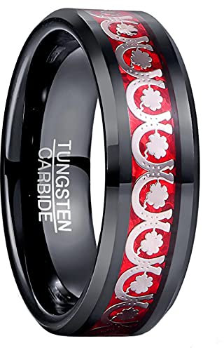 Vakki Männer/Frauen Eheringe 8mm Schwarz und Rot Wolframcarbid Ring mit Klee und Opalpapier Inlay für Hochzeit Jahrestag Freundschaft Größe 59(18.8)