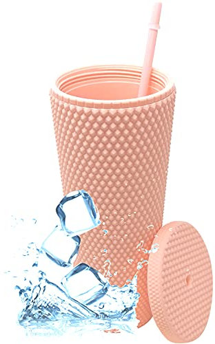 Kunststoffbecher mit Nieten – Doppelwandiger Kaltbecher aus Kunststoff mit Deckel und wiederverwendbarem Strohhalm für Eiskaffee, Wasser, Slush oder Smoothies, 700 ml, matte Koralle