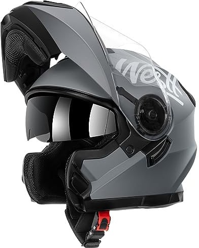 Westt Klapphelm Motorradhelm Integralhelm mit Sonnenlende und Visier, ECE-R 22.06 Motocross Helm Mopedhelm für Damen und Herren, Mattschwarz / Mattgrau/ Weiß, in Größe S-XL