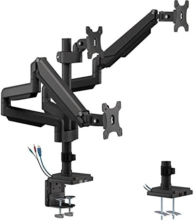 Ergo Office ER-408B 3-Fach Monitorhalterung mit Gasfeder und 1x USB 3.0 Monitorarm für 3 Bildschirme Höhenverstellbar Schwenkbar Neigbar Drehbar 13-30 bis 7kg VESA 75x75 100x100 (Mattschwarz)