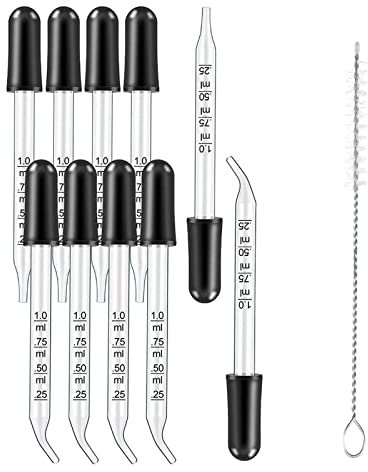 Glas Pipetten,Glas Pipette Dropper, Augentropfer,Glas Transfer Pipetten,Messpipetten Glass Mit Reinigungsbürste, gebogene und gerade Spitze kalibrierte Glastropfensets für ätherische Öle,11 Stück(1mL)