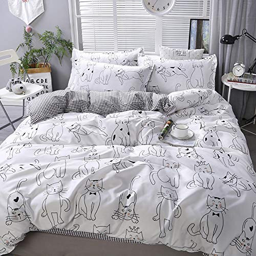 Lunoroey Katzen-Bettwäsche-Set für Einzelbett, niedliches schwarz-weißes Cartoon-Katze, bedruckt und kariert, wendbares Bettbezug-Set, Ganzjahres-Bettwäsche-Set